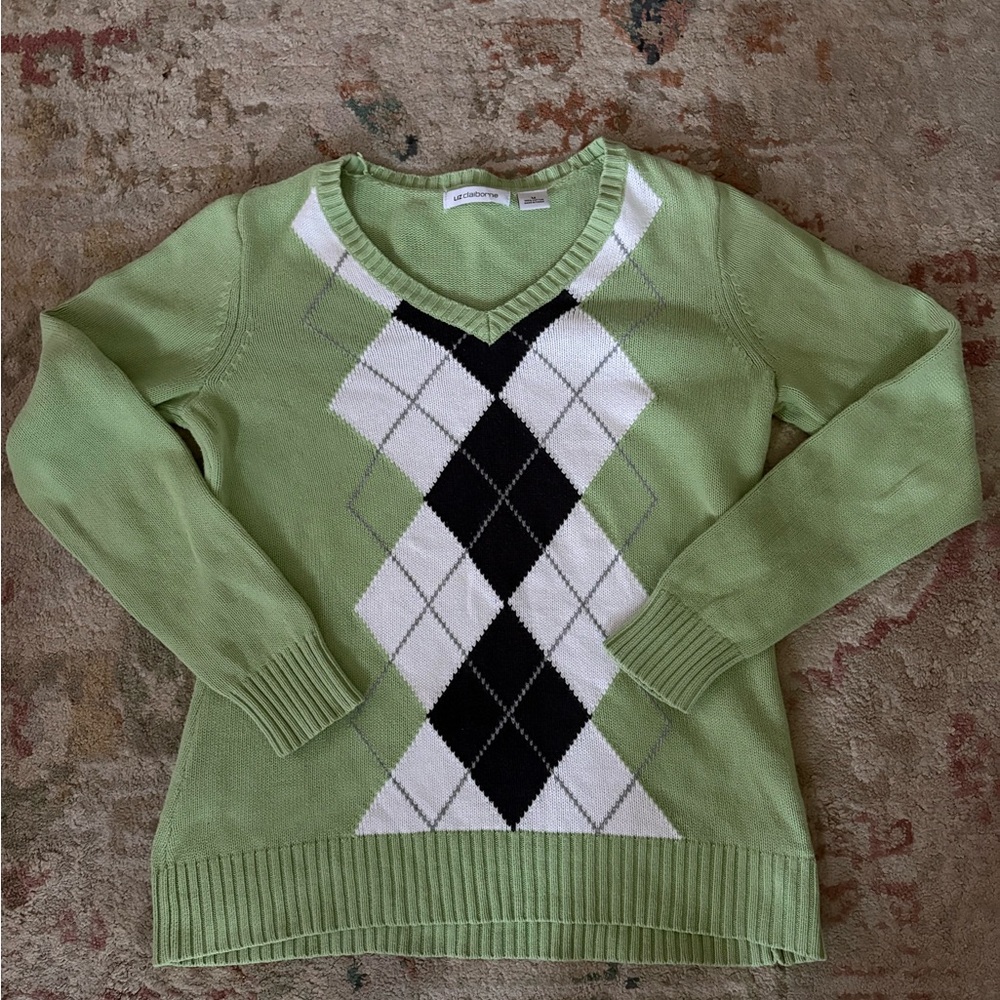 Vintage Liz Claiborne Light Green Argyle V-Neck Sweater